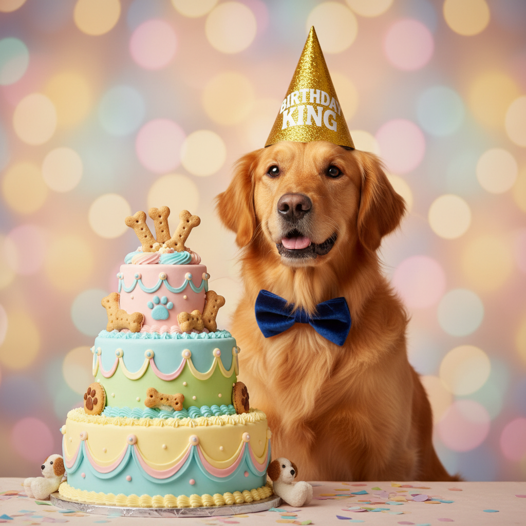 A high-resolution, professional photograph of a golden retriever wearing a glittery gold 'Birthday King' party hat and a blue bow tie, sitting in front of a colorful pastel cake specially made for dogs, with soft bokeh lighting in the background.