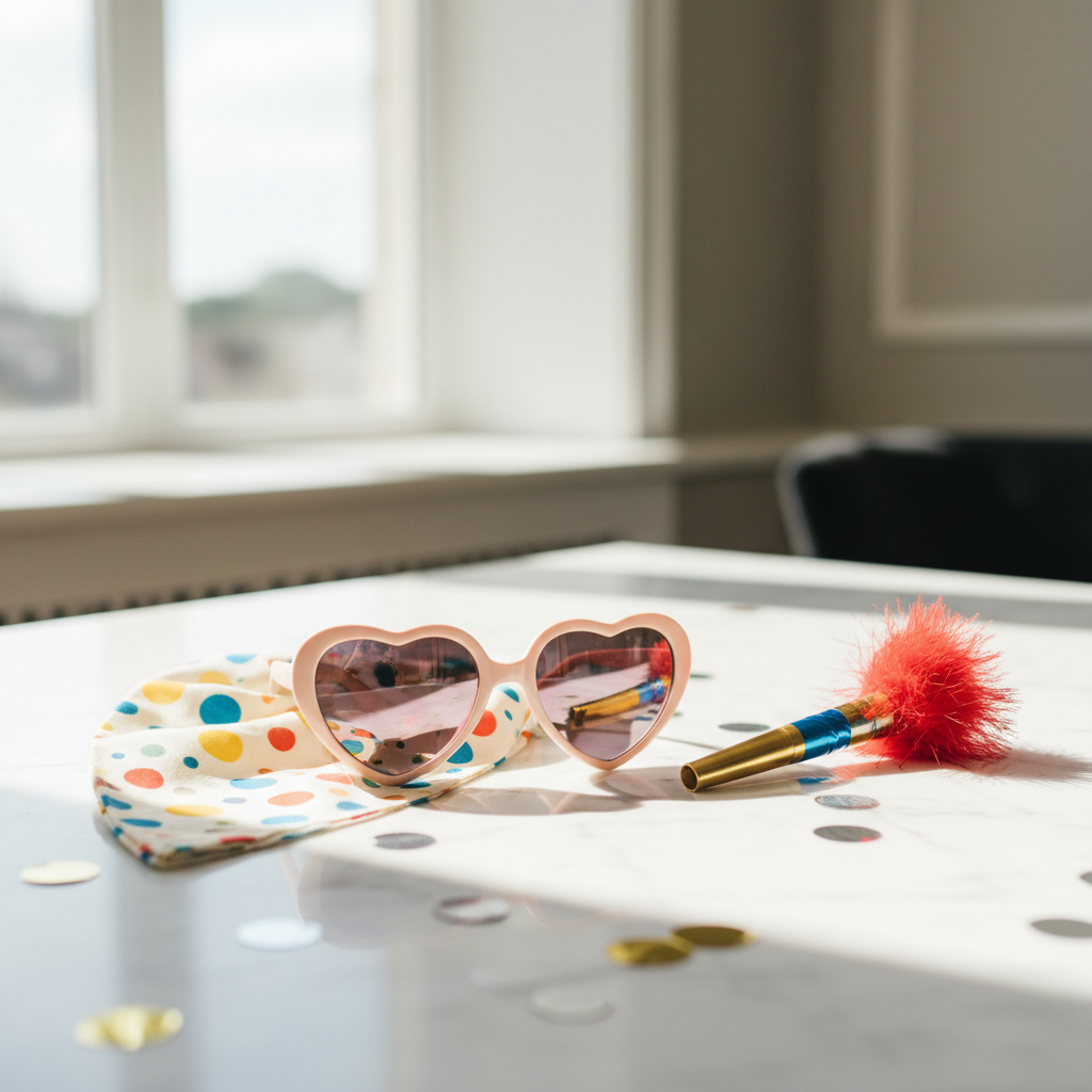 A close-up shot of various dog party props including heart-shaped sunglasses, a colorful polka-dot bandana, and a miniature party horn laid out neatly on a clean white marble surface with bright natural lighting.