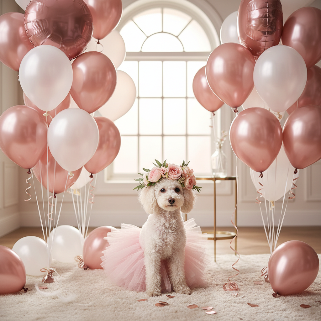 An aesthetic scene of a small poodle wearing a pink tulle tutu and a matching flower crown, surrounded by helium balloons in shades of rose gold and white, creating a festive and luxurious atmosphere.