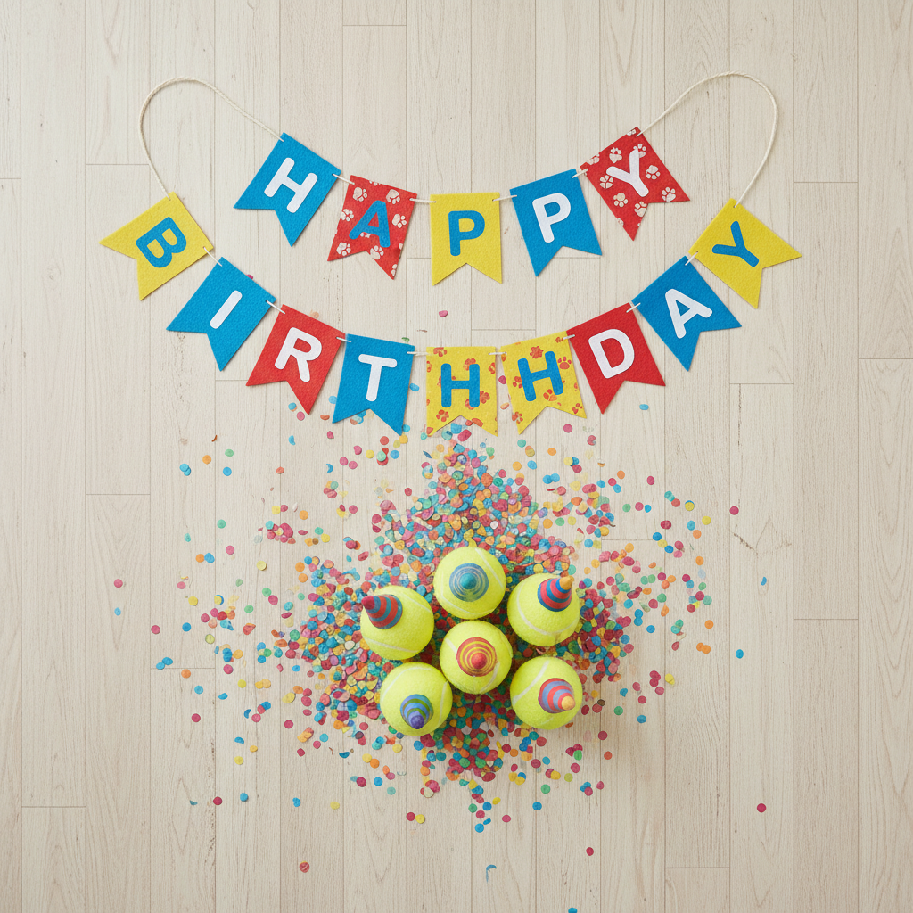 A top-down flat lay of pet-friendly party decorations featuring a 'Happy Birthday' banner made of paw-print flags, several tennis ball party favors, and a pile of colorful confetti on a soft wooden floor.