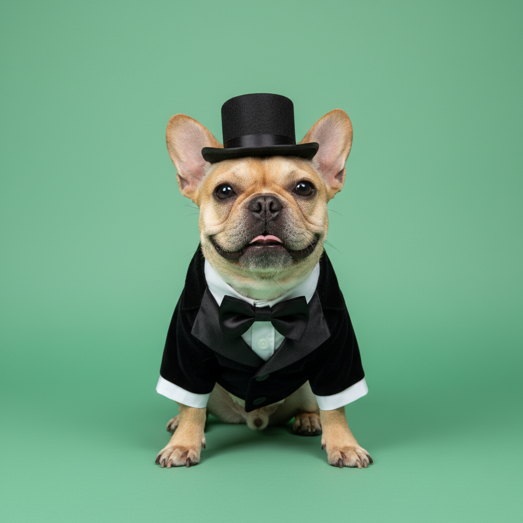 A studio portrait of a French Bulldog wearing a miniature black tuxedo and a formal top hat prop, looking directly at the camera with a playful expression against a solid mint green backdrop.