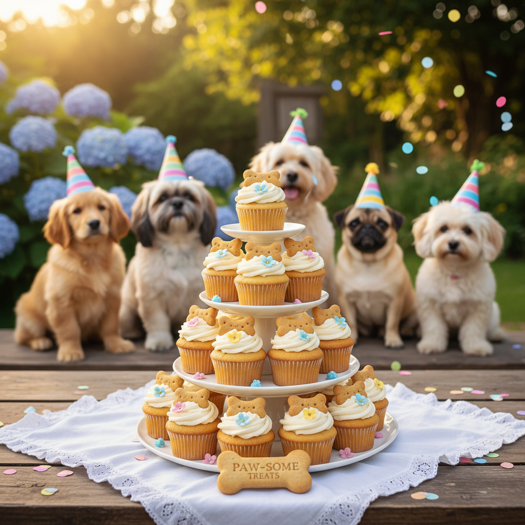 A vibrant image of a tiered 'pupcake' tower decorated with bone-shaped biscuits and edible flowers, with several small dogs in the background wearing colorful striped party hats in a soft-focus garden setting.