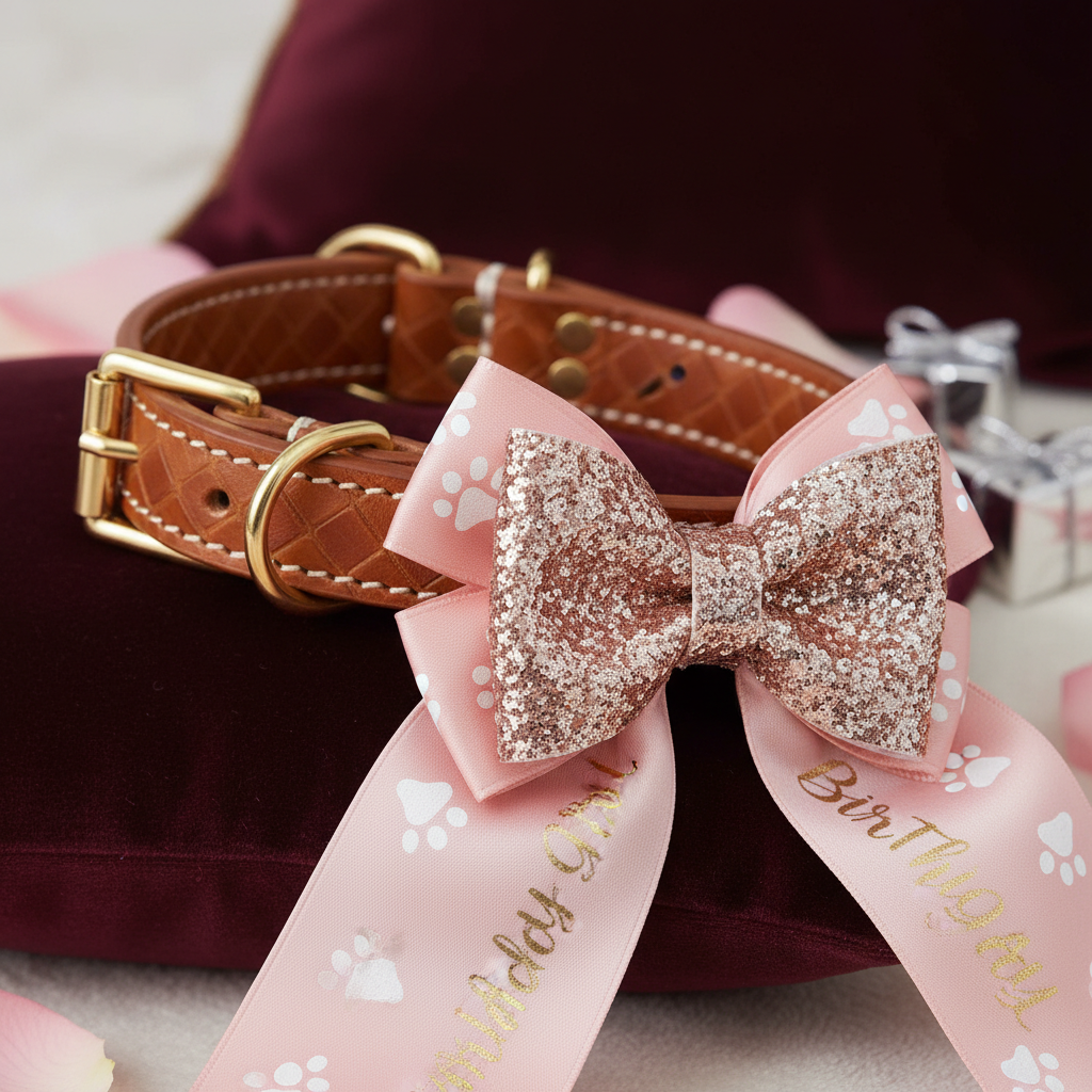 A detailed macro shot of a customized leather dog collar with a detachable 'Birthday Girl' silk ribbon and a shimmering glitter bow, highlighting the intricate textures and high-quality materials.