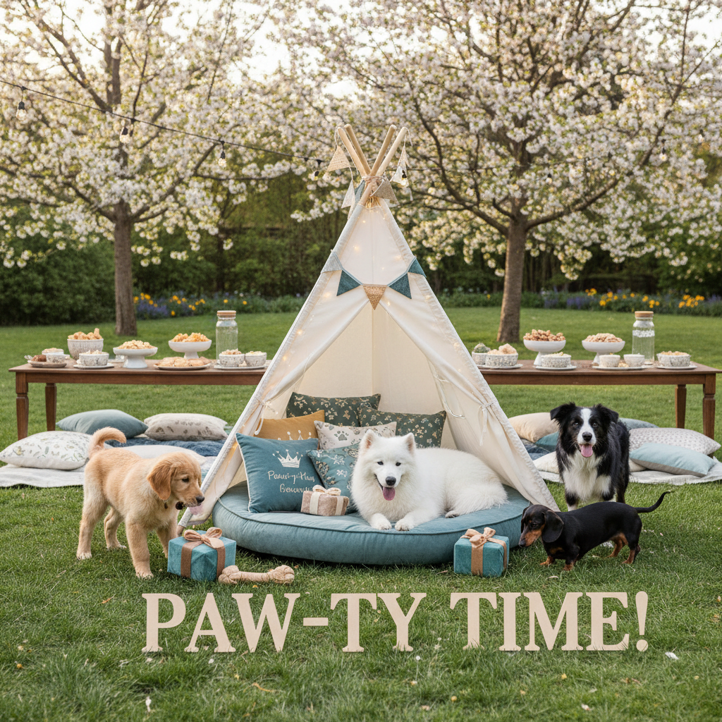 An outdoor garden party scene for dogs featuring a miniature teepee tent decorated with fairy lights, a plush dog bed covered in festive cushions, and several chew toys shaped like birthday presents.